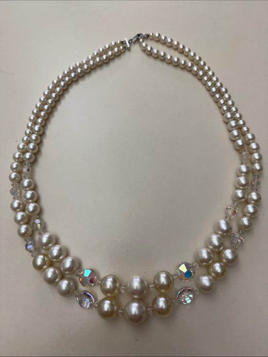 Jewelry - Vintage Double-Strand Faux Pearl Necklace with Aurora Beads - White